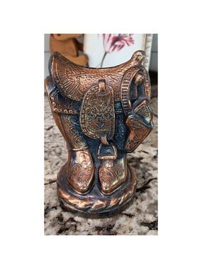 Vintage Cowboy Boots & Saddle Metal Piggy Bank. Copper Finish. Gorgeous
